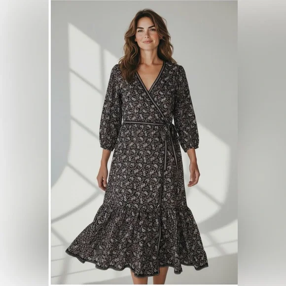 Max Studio Black Floral Wrap Midi Dress size S small new - Picture 1 of 12